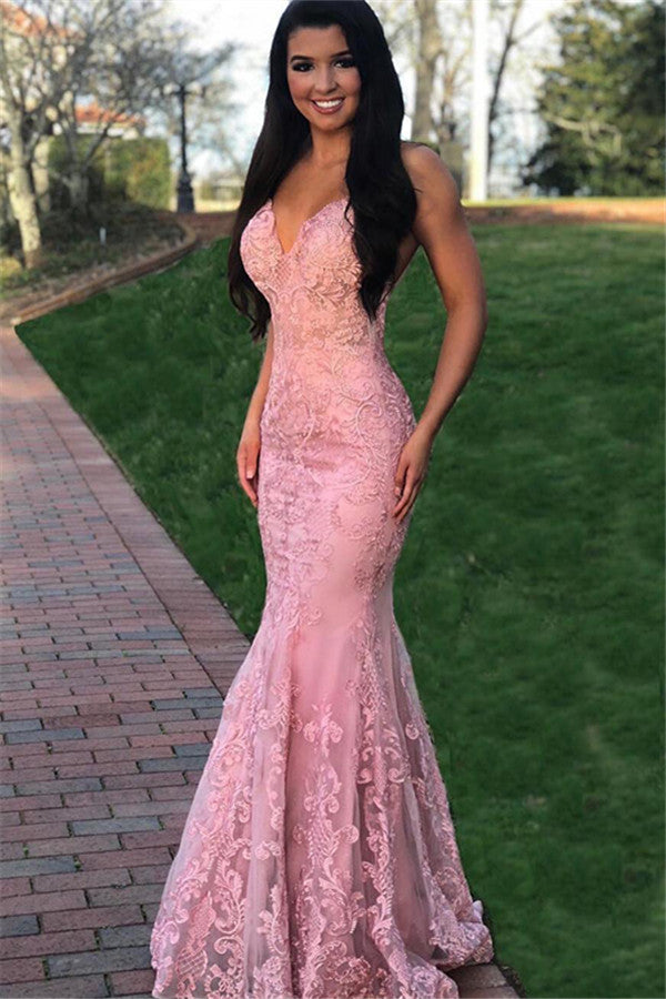Long Mermaid V-neck Spaghetti Straps Lace Backless Prom Dress