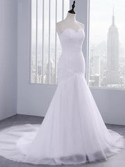 White Long Ruffle Tulle Sweetheart Mermaid Wedding Dresses