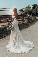 Beautiful Long Mermaid Off the Shoulder Tulle Lace Backless Wedding Dress