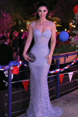 Long Mermaid Sweetheart Spaghetti Straps Tulle Formal Prom Dresses with Beads