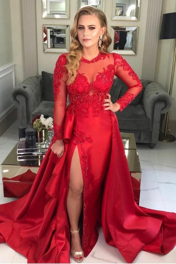 Red Mermaid Jewel Lace Appliques Long Sleeves Formal Dress with Slit