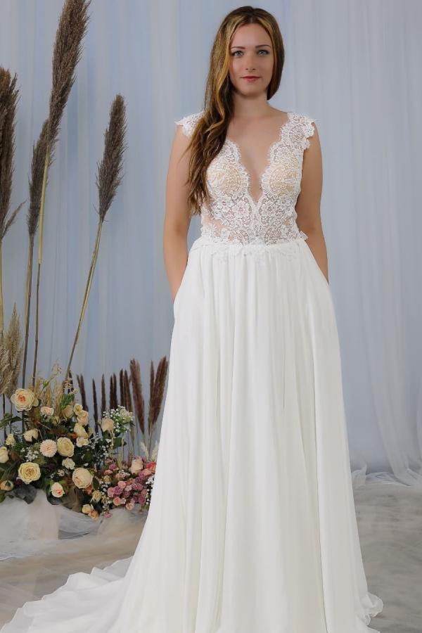 Elegant Long V-neck Wide Straps Backless Appliques Lace Chiffon Wedding Dress	 with Pockets