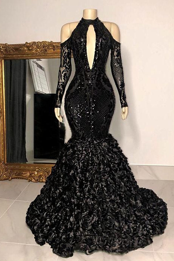 Gorgeous Black Long Mermaid Halter Formal Prom Dress with Sleeves