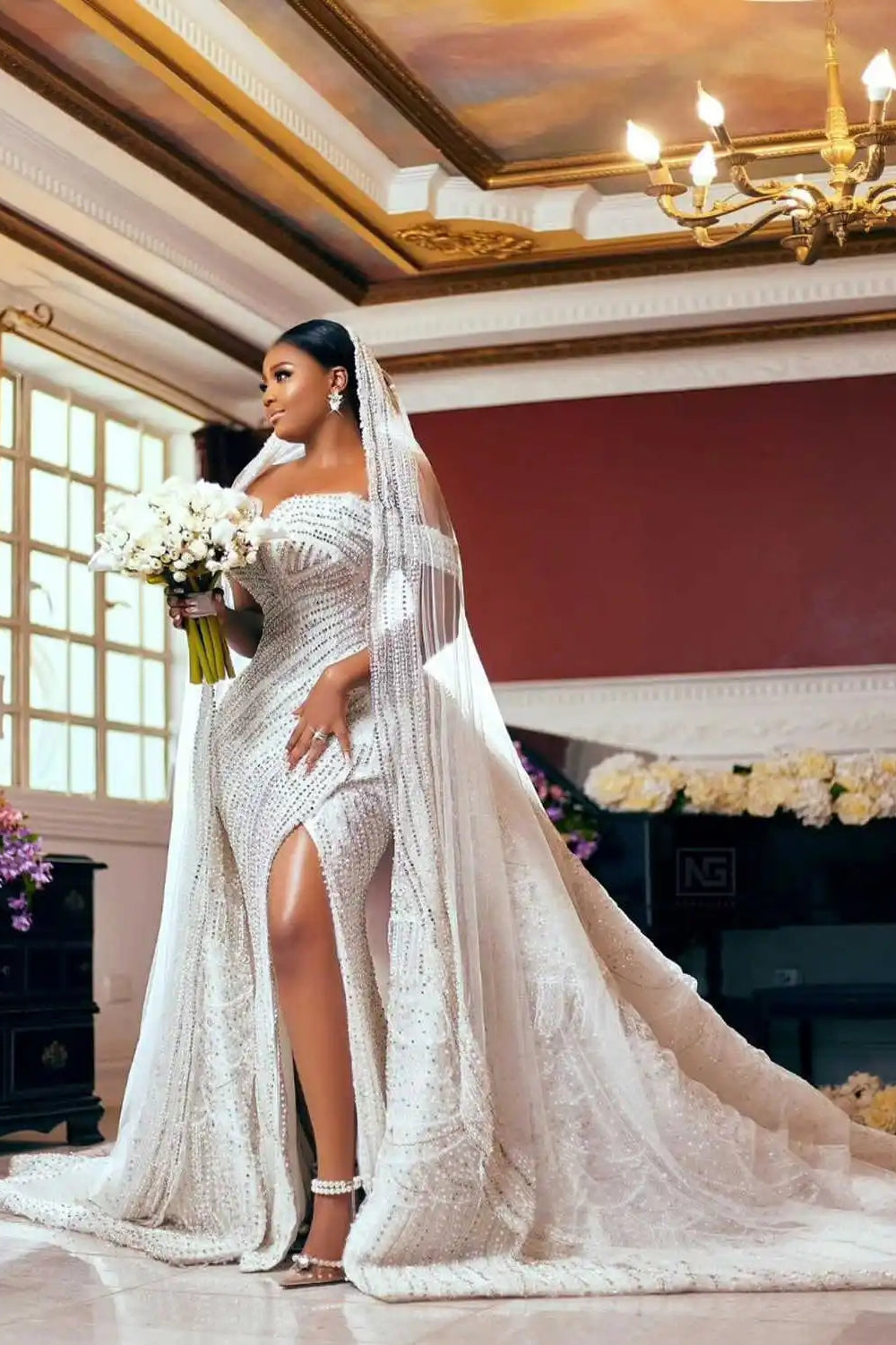 Split Front Off The Shoulder Beads Satin Long Mermaid Wedding Dresses with Detachable Train