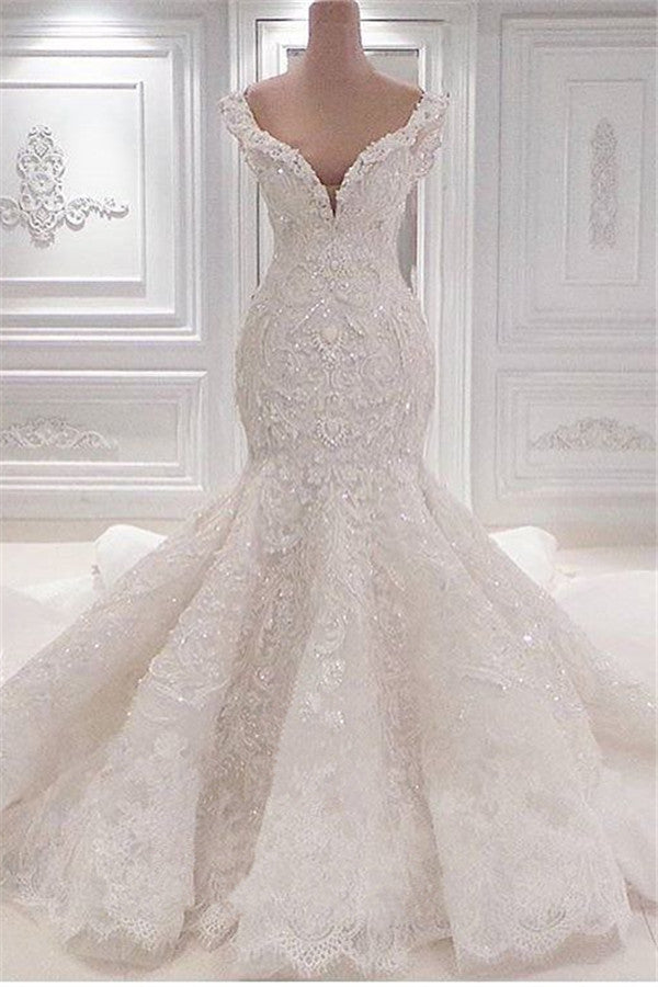 Gorgeous Long V-neck Appliques Lace Ruffles Floor Length Mermaid Wedding Dress