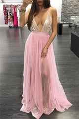 Long V-neck Spaghetti Straps Appliques Tulle A-line Prom Dress with Slit