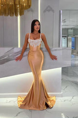 Champagne Long Mermaid Square Neckline Sequined Beading Prom Dresses
