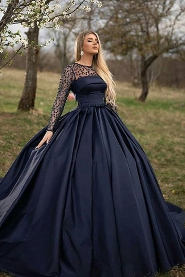 Long Ball Gown Satin Tulle Floor Length Prom Dress with Sleeves
