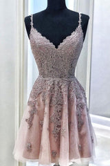 Short A-line V Neck Sleeveless Tulle Lace Homecoming Dress