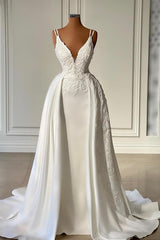 Elegant Ivory A-line V-neck Satin Sleeveless Long Wedding Dresses with Appliques