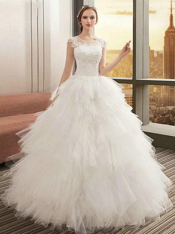 Long A-line Tulle Appliques Lace Up Wedding Dress