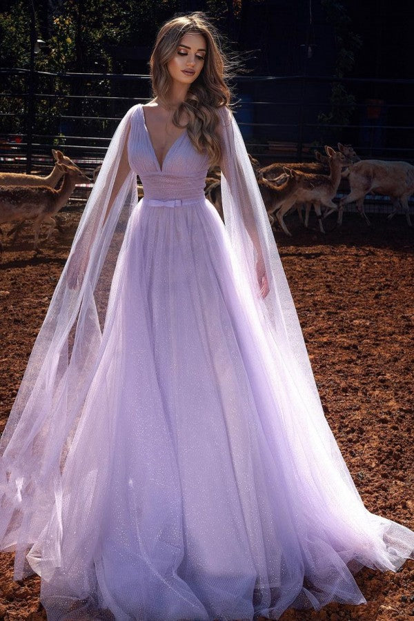 Simple Long A-line V-neck Tulle Prom Dresses with Shawl