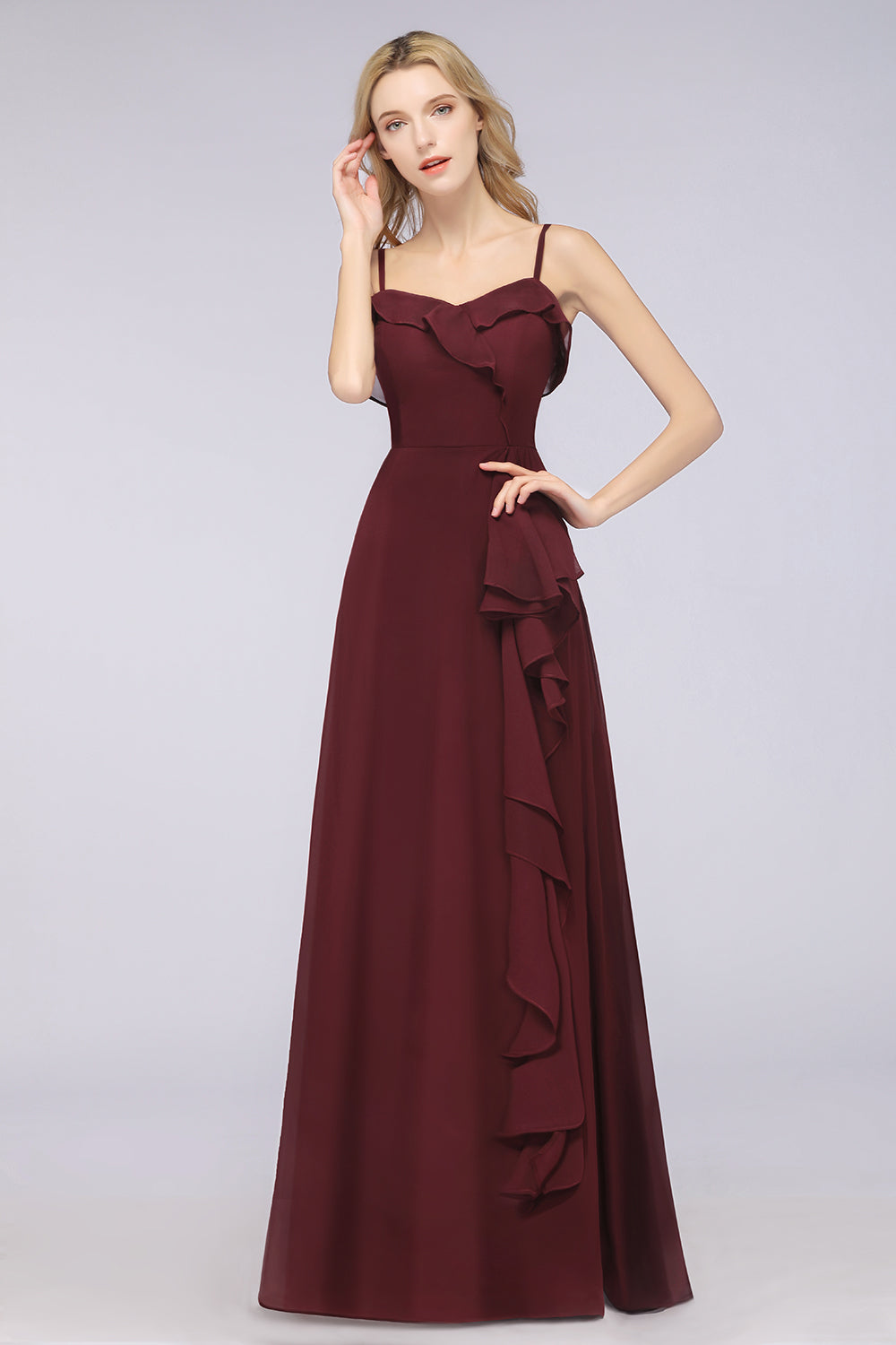 Spaghetti Straps A-Line Chiffon Backless Floor Length Prom Dress With Ruffles