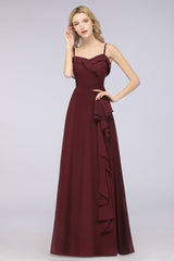 Spaghetti Straps A-Line Chiffon Backless Floor Length Prom Dress With Ruffles