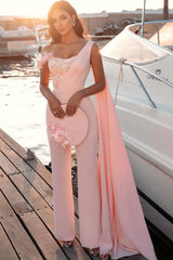 Modern One Shoulder Feather Sequins Floor Length Jumpsuit With Side Cape