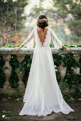 A-line Backless Long Chiffon Beach Wedding Dress with 	3/4 Sleeves