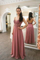 Long A-line Spaghetti Straps V-neck Open Back Floor Length Chiffon Prom Dress