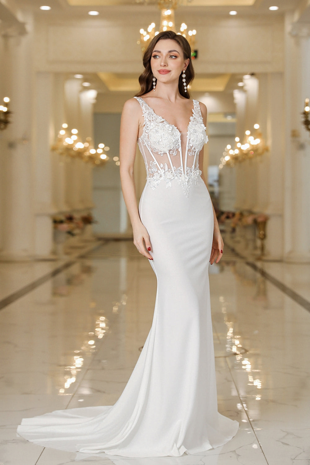 Beautiful White Long Mermaid Lace Appliques V-neck Backless Wedding Dresses