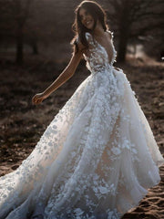 Long Lace V Neck Backless A Line Wedding Dresses	 with Short Sleeve