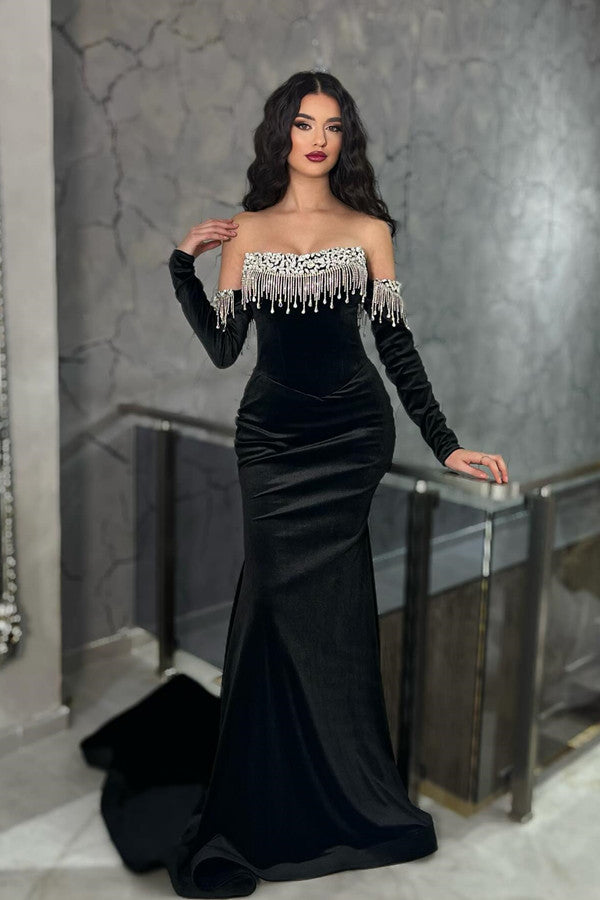 Black Off The Shoulder Long Sleeve Mermaid Formal Dress with Tassels
