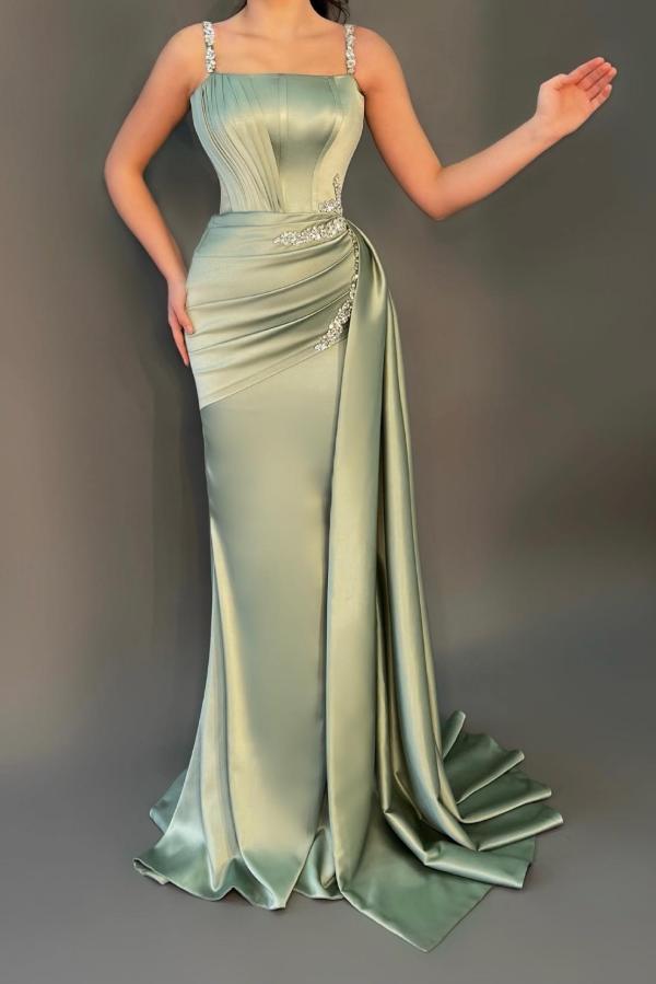 Long Mermaid Square Neck Satin Prom Dress with Side Sweep Train