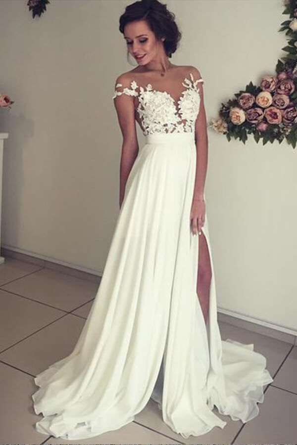 Long A-line Sweetheart Front Slit Appliques Chiffon Wedding Dress