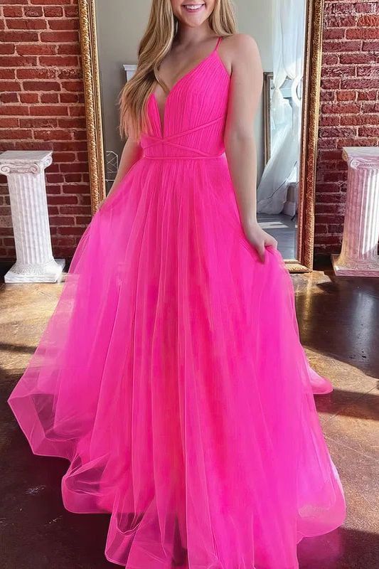 Long Spaghetti Straps V-neck Tulle A-Line Floor Length Prom Dress