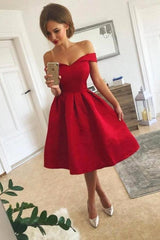 Short Red A-line Satin Off The Shoulder Homecoming Dress