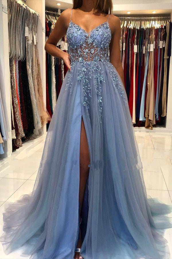 Long A-line V-neck Spaghetti Straps Open Back Prom Dress with Slit