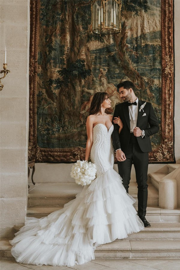 Vintage Long Mermaid Sweetheart Tulle Wedding Dresses with Lace