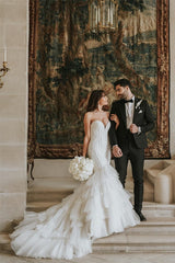 Vintage Long Mermaid Sweetheart Tulle Wedding Dresses with Lace
