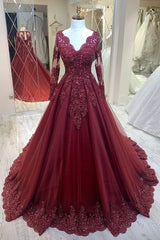 A-line V-neck Appliques Lace Long Tulle Ruffles Prom Dress with Sleeves
