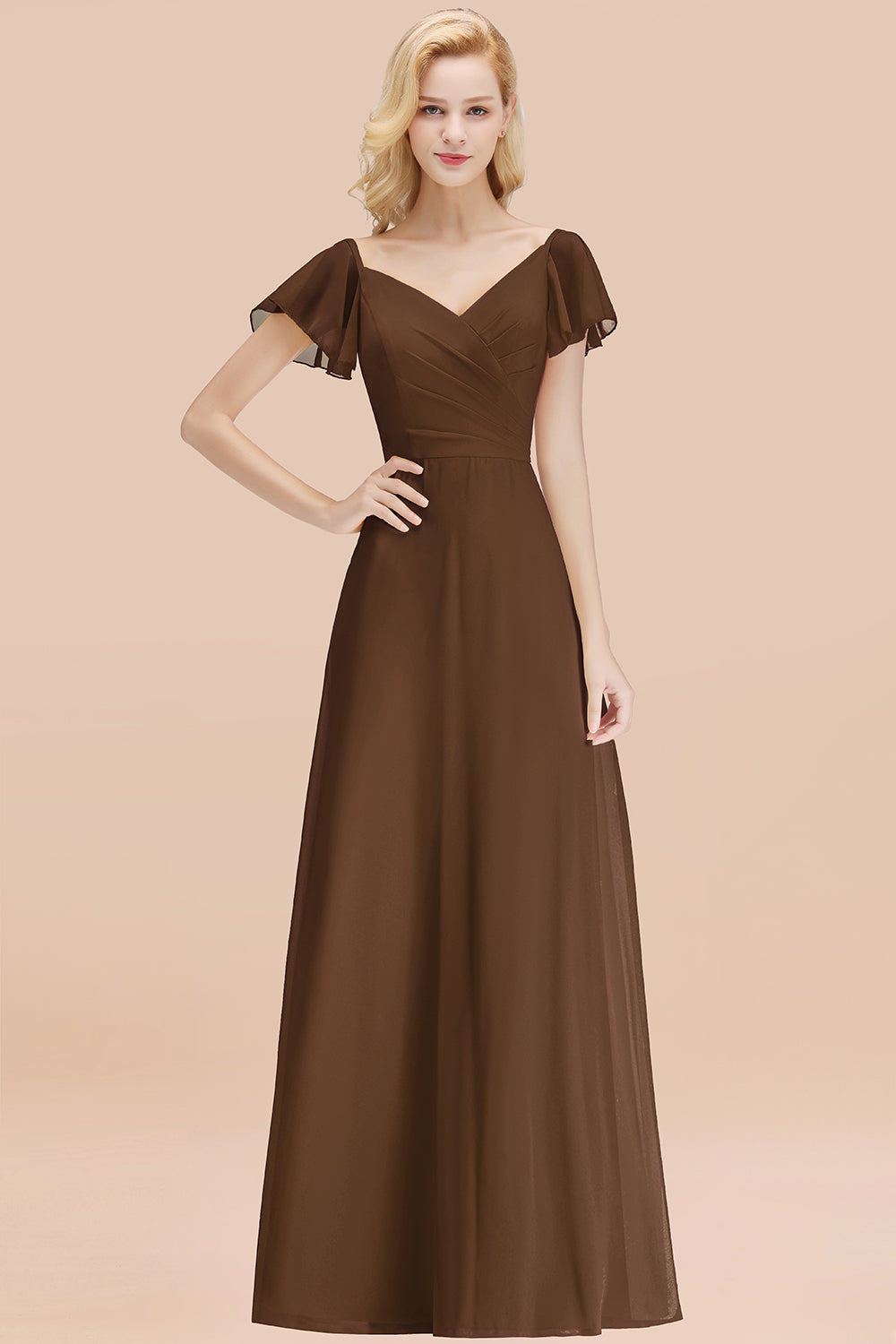 Elegant V Neck Short Sleeves Chiffon A-line Long Chocolate Bridesmaid Dress