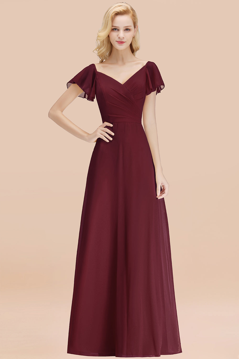 Elegant V Neck Short Sleeves Chiffon A-line Long Chocolate Bridesmaid Dress