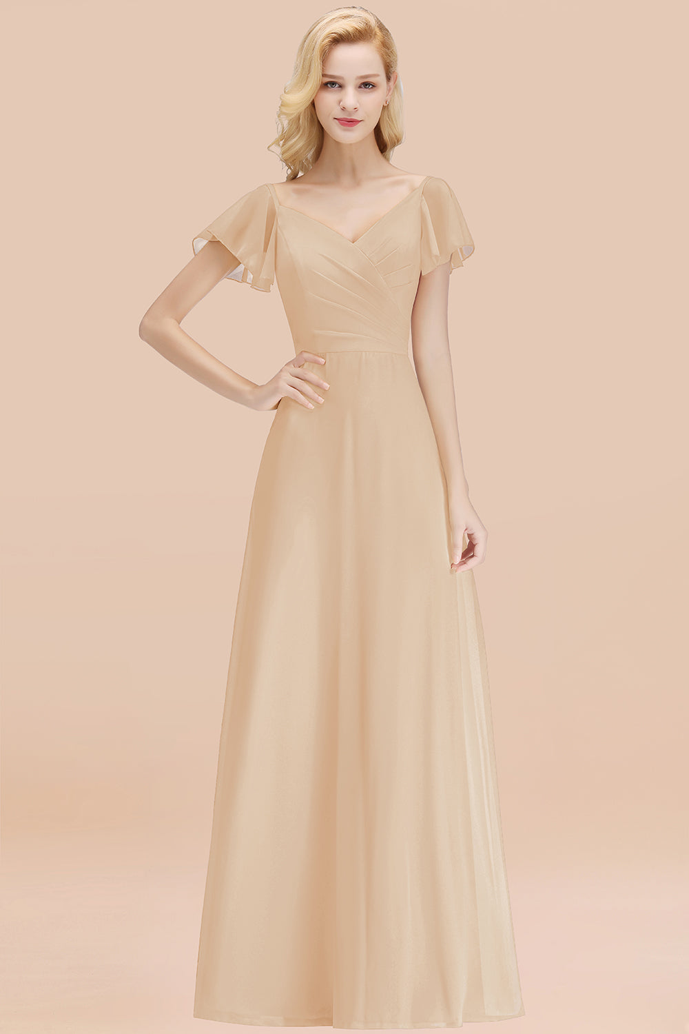 Elegant V Neck Short Sleeves Chiffon A-line Long Chocolate Bridesmaid Dress