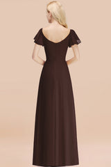 Elegant V Neck Short Sleeves Chiffon A-line Long Chocolate Bridesmaid Dress