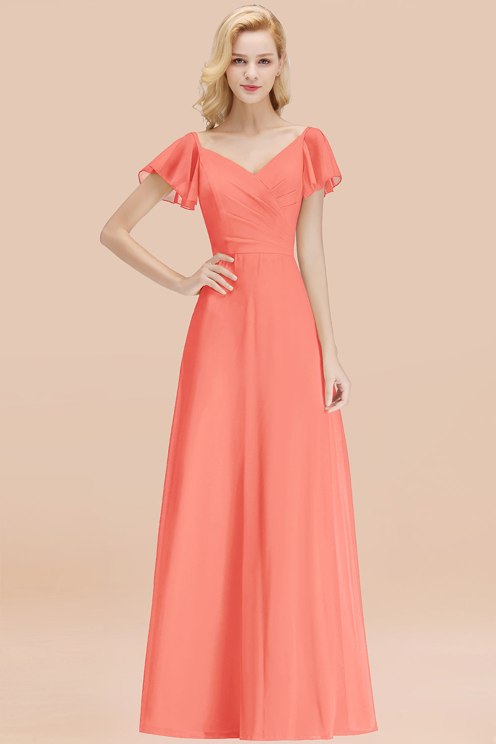 Elegant V Neck Short Sleeves Chiffon A-line Long Chocolate Bridesmaid Dress