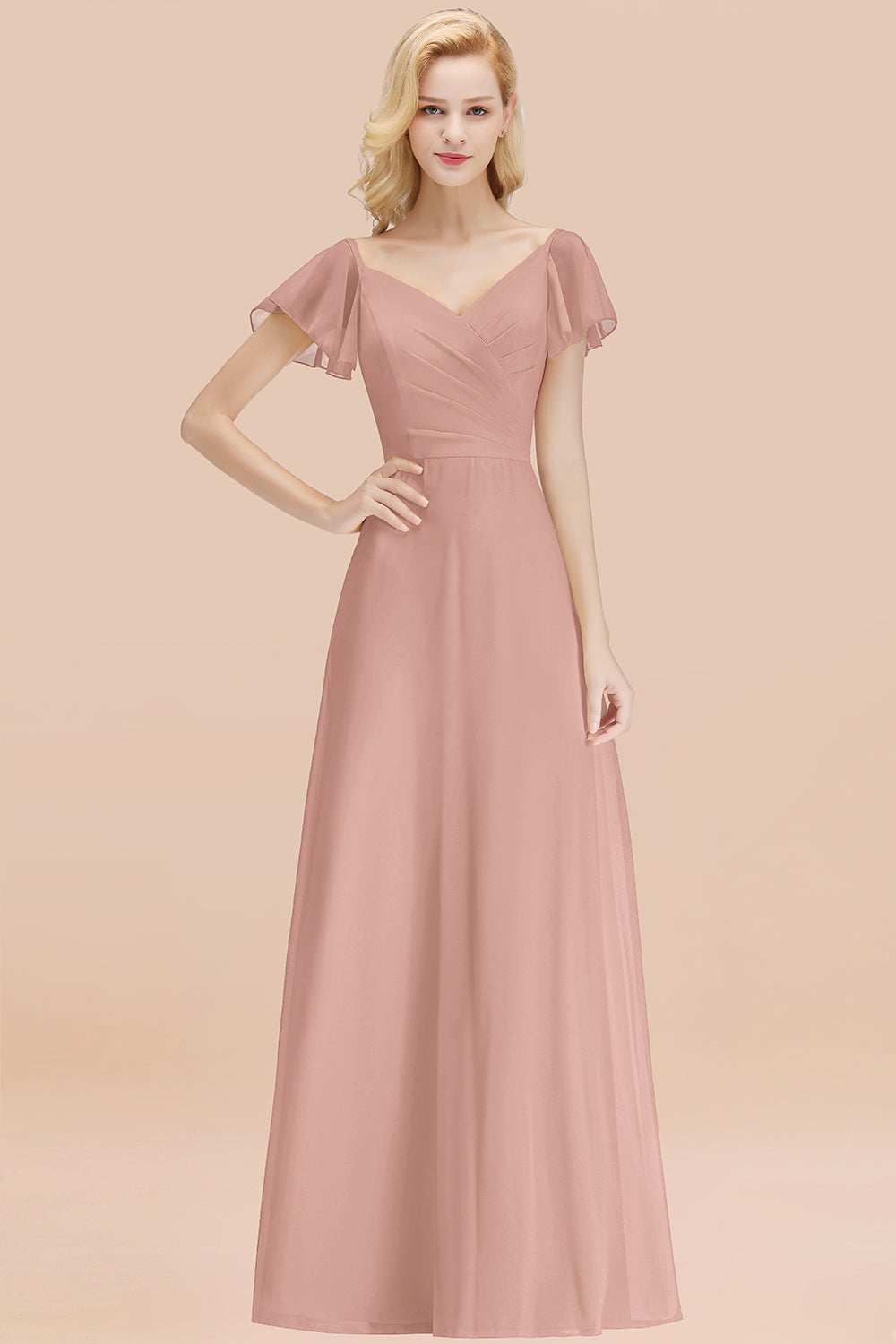 Elegant V Neck Short Sleeves Chiffon A-line Long Chocolate Bridesmaid Dress