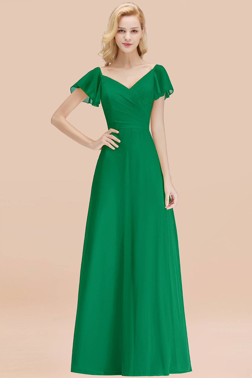 Elegant V Neck Short Sleeves Chiffon A-line Long Emerald Bridesmaid Dress