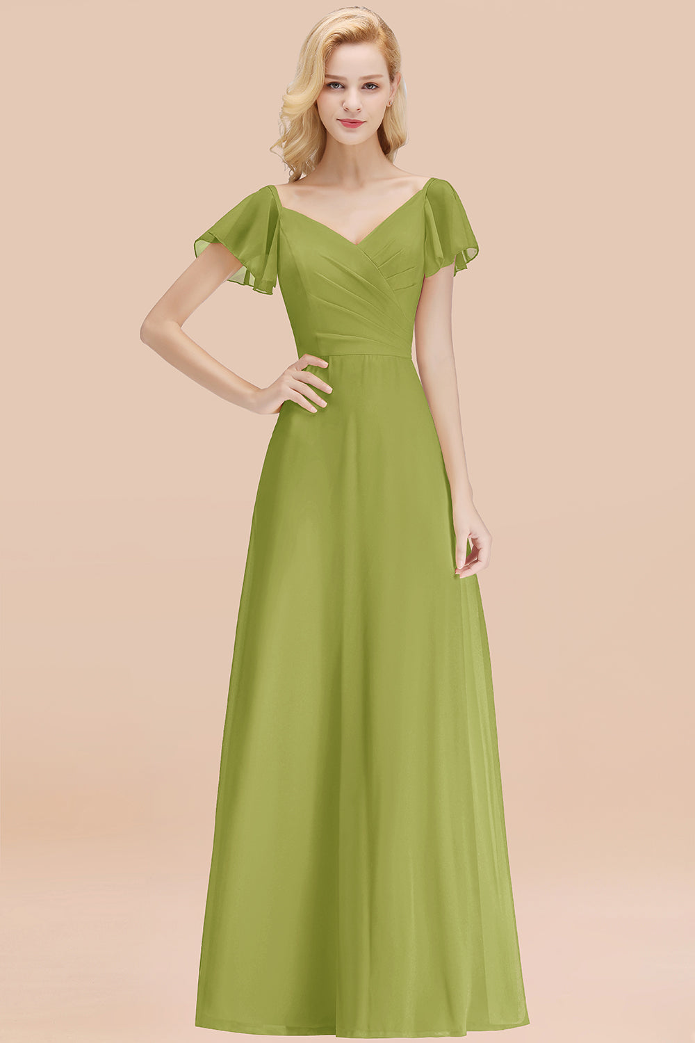 Elegant V Neck Short Sleeves Chiffon A-line Long Chocolate Bridesmaid Dress