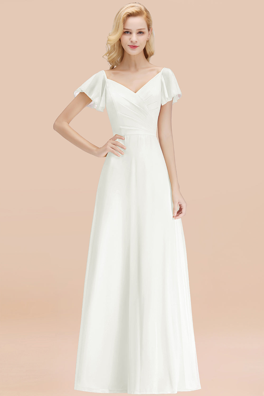 Elegant V Neck Short Sleeves Chiffon A-line Long Chocolate Bridesmaid Dress