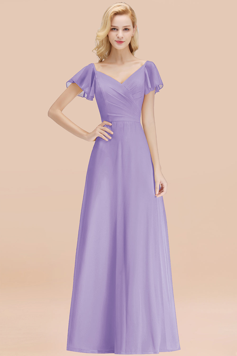 Elegant V Neck Short Sleeves Chiffon A-line Long Chocolate Bridesmaid Dress