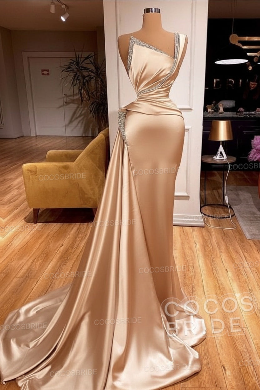 Elegant Long Mermaid One Shoulder Sleeveless Satin Prom Dress