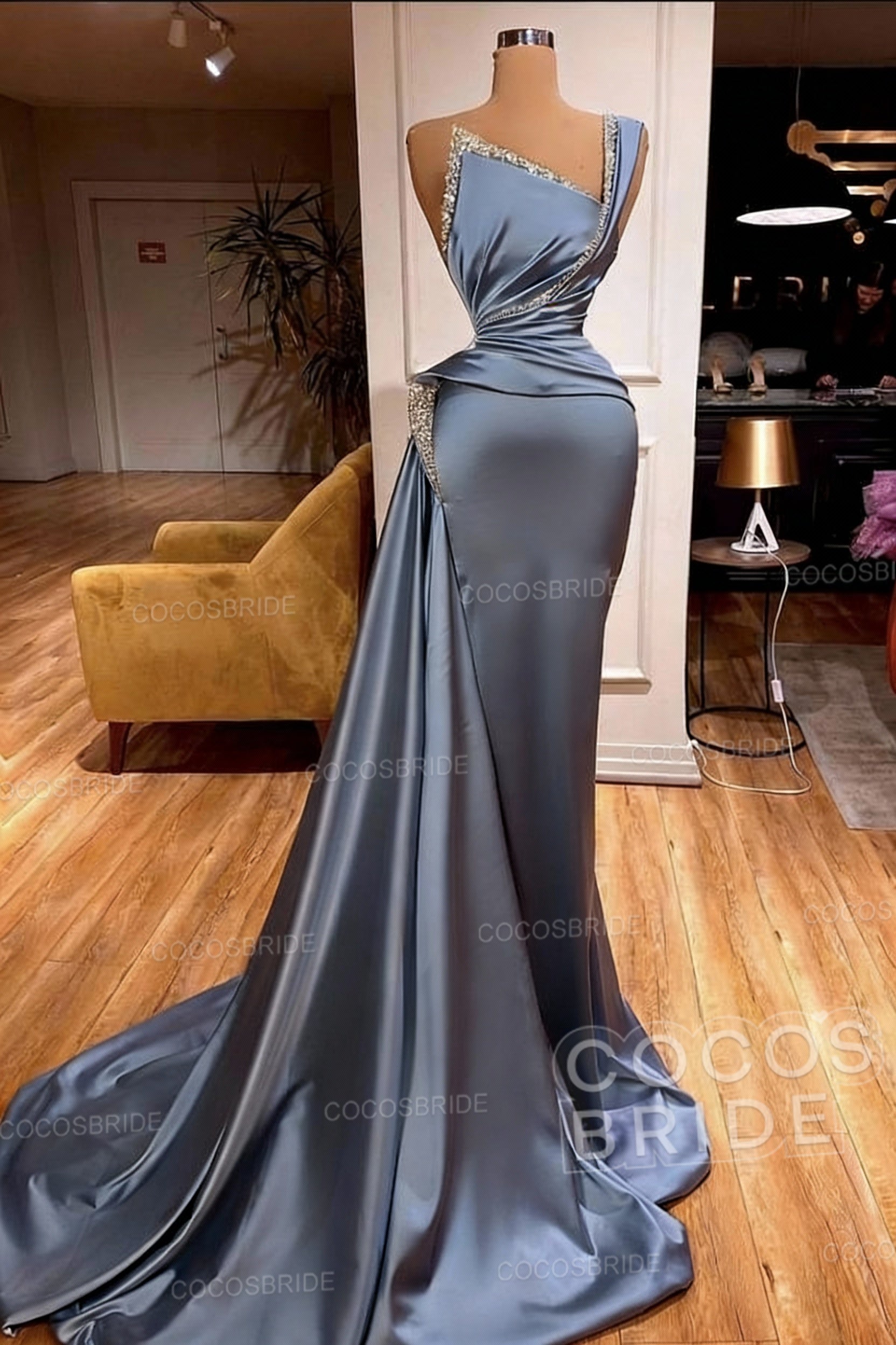 Elegant Long Mermaid One Shoulder Sleeveless Satin Prom Dress