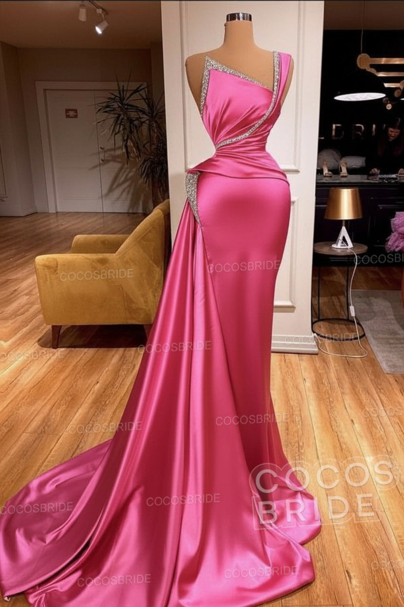Elegant Long Mermaid One Shoulder Sleeveless Satin Prom Dress