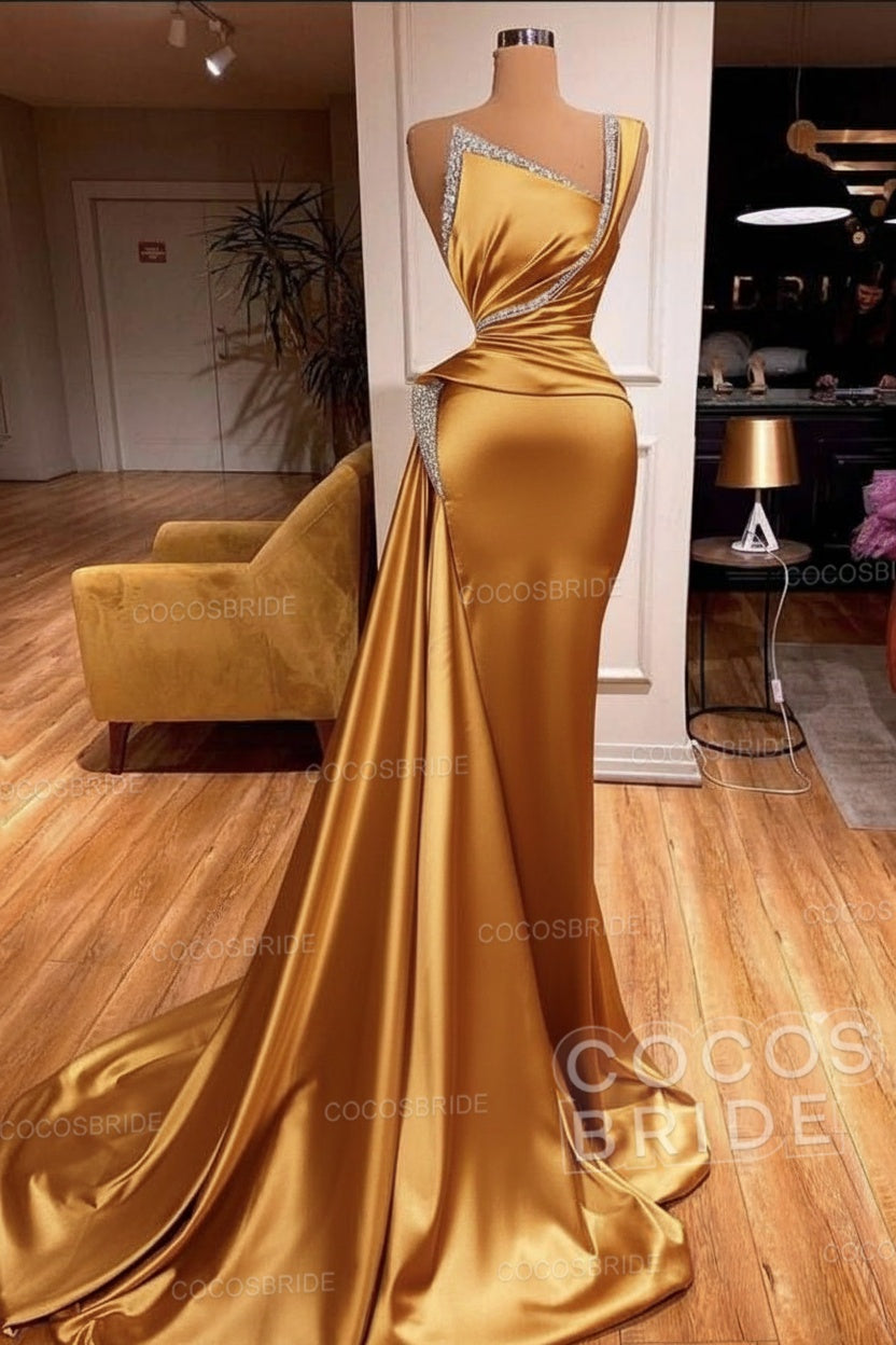 Elegant Long Mermaid One Shoulder Sleeveless Satin Prom Dress