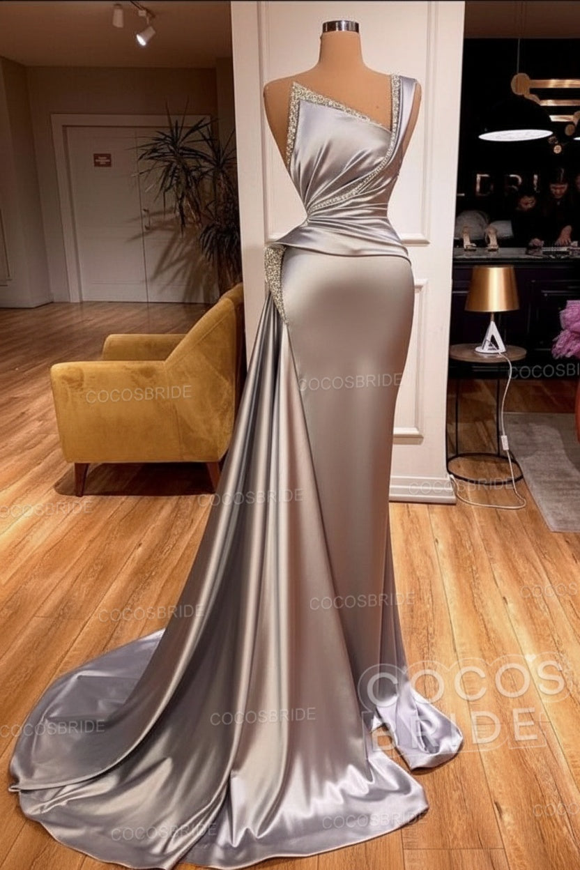Elegant Long Mermaid One Shoulder Sleeveless Satin Prom Dress