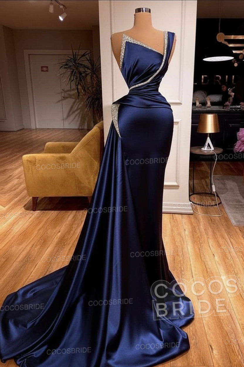 Elegant Long Mermaid One Shoulder Sleeveless Satin Prom Dress