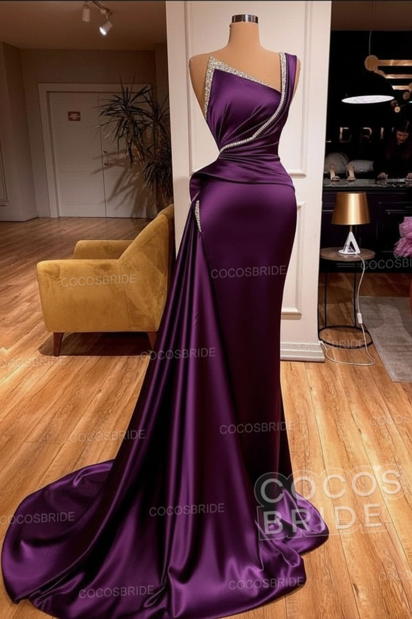 Elegant Long Mermaid One Shoulder Sleeveless Satin Prom Dress