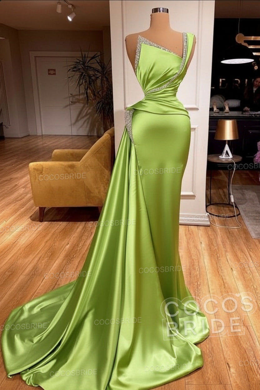 Elegant Long Mermaid One Shoulder Sleeveless Satin Prom Dress